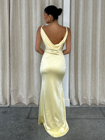 LOUELLA RUCHED FISHTAIL | LEMON ICING SATIN STRETCH