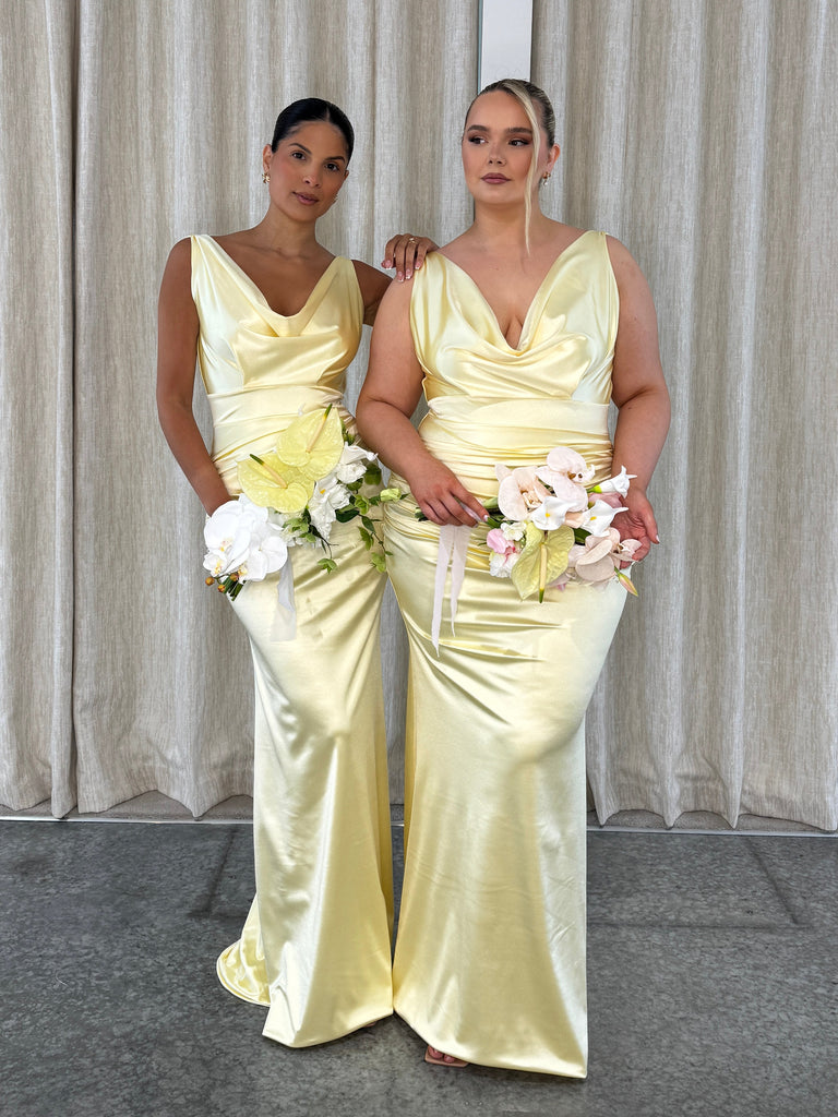 LOUELLA RUCHED FISHTAIL | LEMON ICING SATIN STRETCH