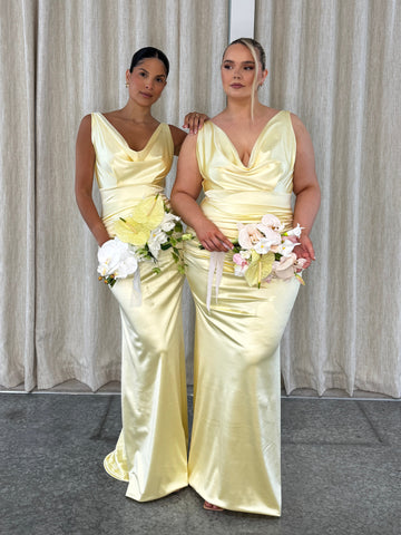 LOUELLA RUCHED FISHTAIL | LEMON ICING SATIN STRETCH