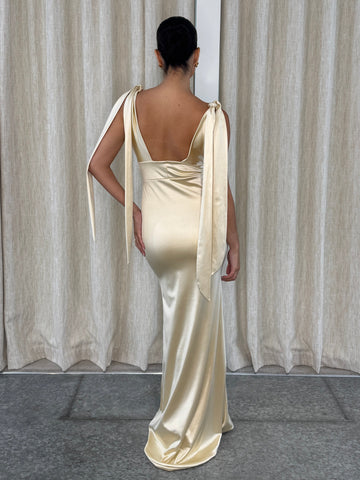 DOLCE RUCHED FISHTAIL WITH TASSELS | CHALK SATIN STRETCH
