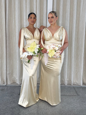 DOLCE RUCHED FISHTAIL WITH TASSELS | CHALK SATIN STRETCH