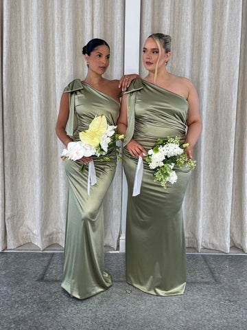 BOW THEA RUCHED FISHTAIL | LIGHT OLIVE SATIN STRETCH