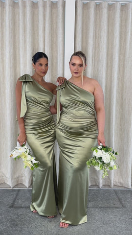 BOW THEA RUCHED FISHTAIL | LIGHT OLIVE SATIN STRETCH